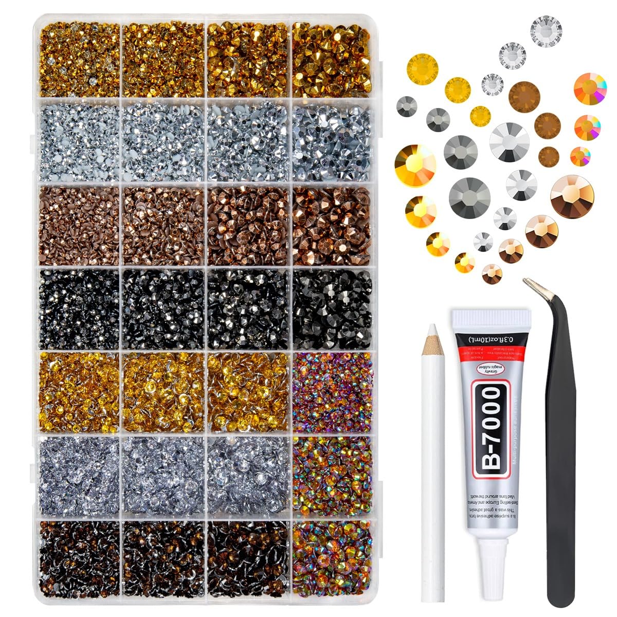 Qiipii 28 grids box opens showing eight-color rhinestones for crafting inspiration.