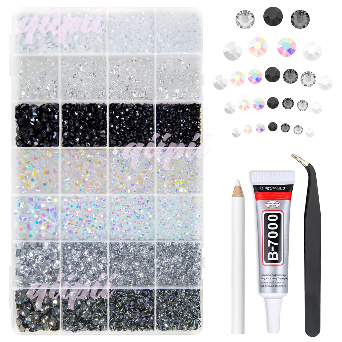 qiipii 28-types neutral series box shows vibrant crystals for DIY jewelry and craft projects.