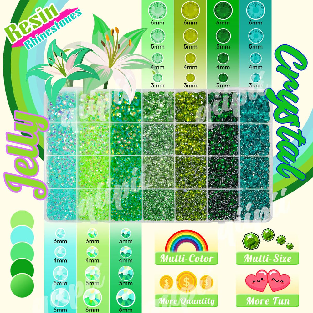qiipii green jelly rhinestones with B7000 glue included for easy gem application.
