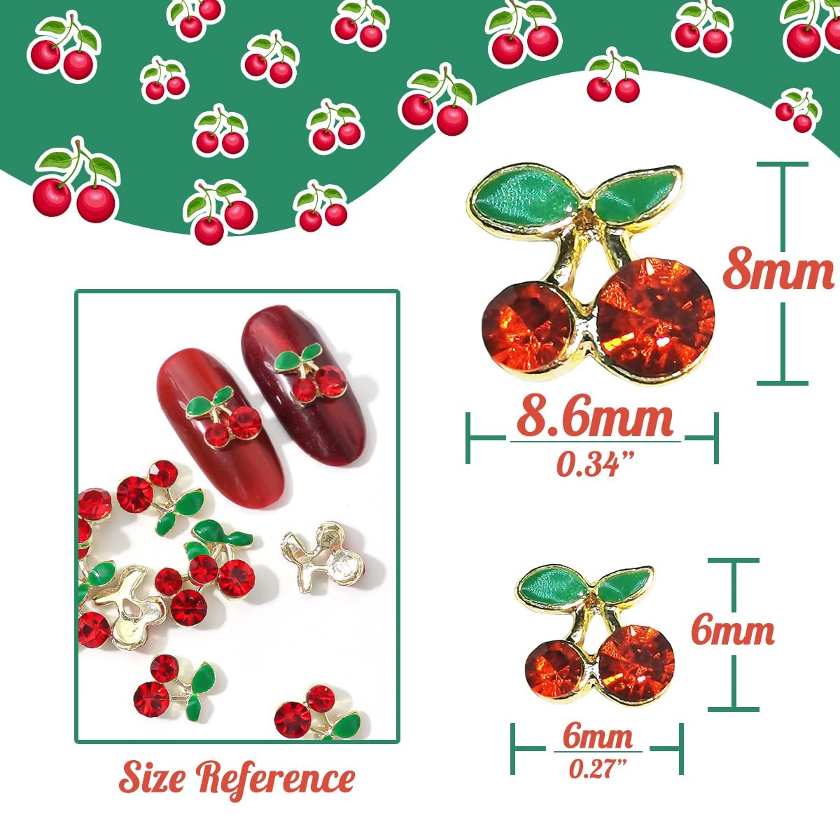 Qiipii cherry nail gems with green leaves for vibrant nail accents
