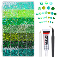 qiipii green jelly rhinestones box shows 28-color set for DIY crafts.