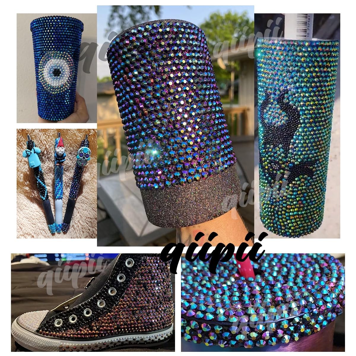 Qiipii metallic rhinestones applied to a tumbler for colorful shine.