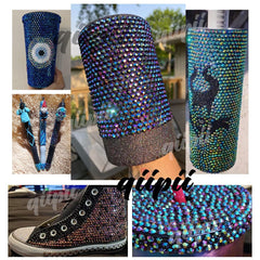 Qiipii metallic rhinestones applied to a tumbler for colorful shine.