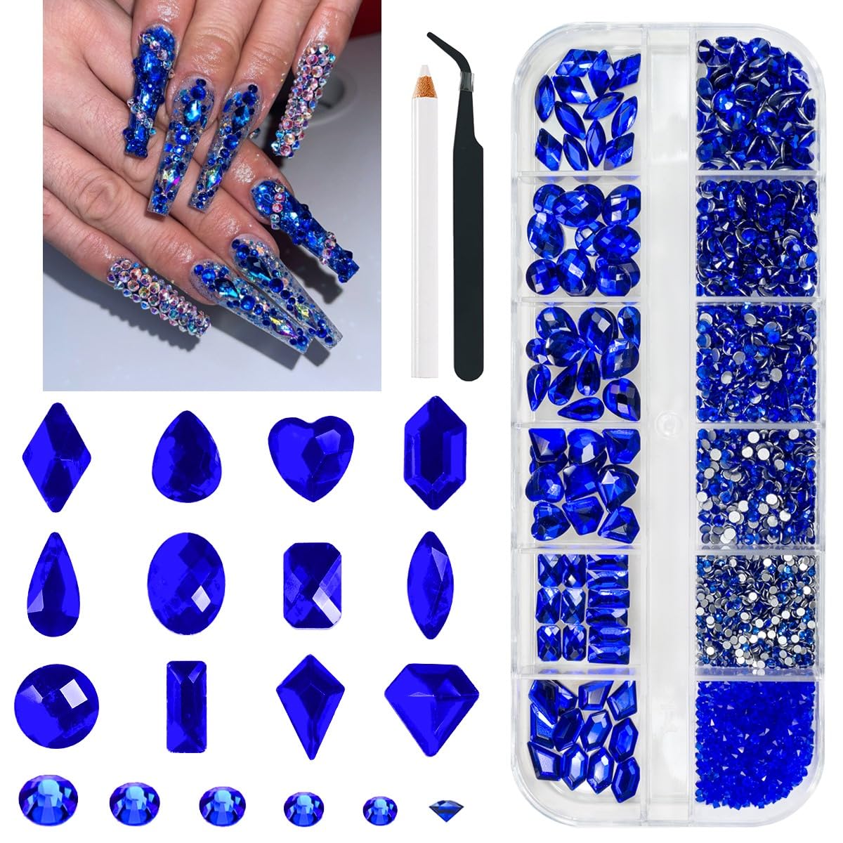qiipii sapphire blue nail rhinestones kit box view for DIY nail art