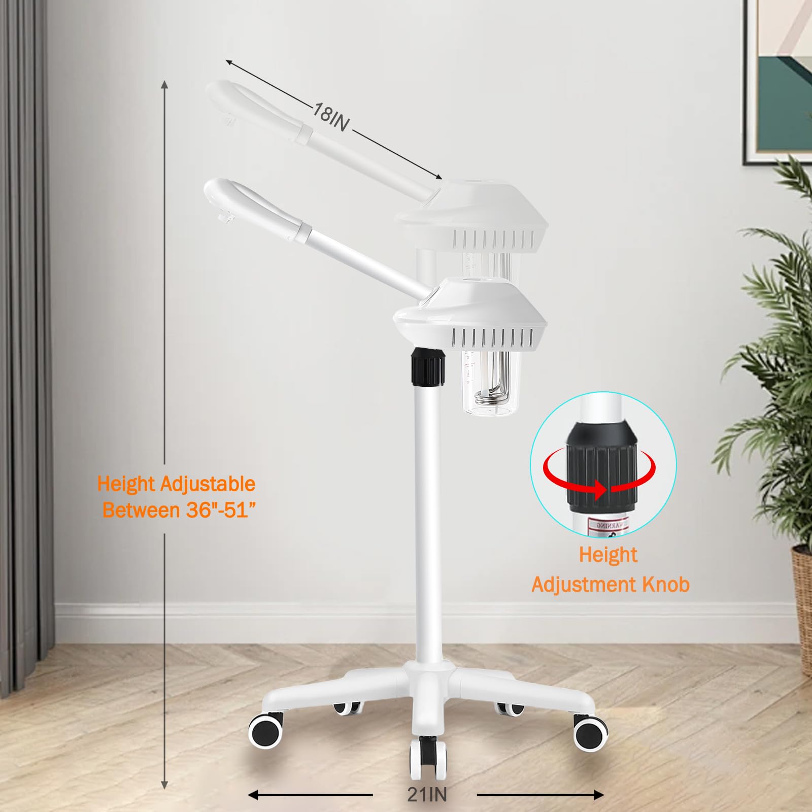 Qinrunkoi facial steamer on-wheels shows easy mobility for beauty routines