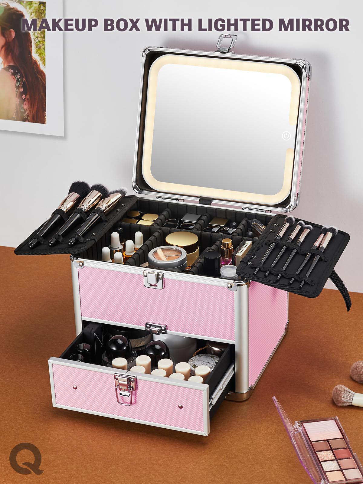 Qislee detachable-lighted-mirror close-up demonstrates versatile lighting adjustments for makeup.
