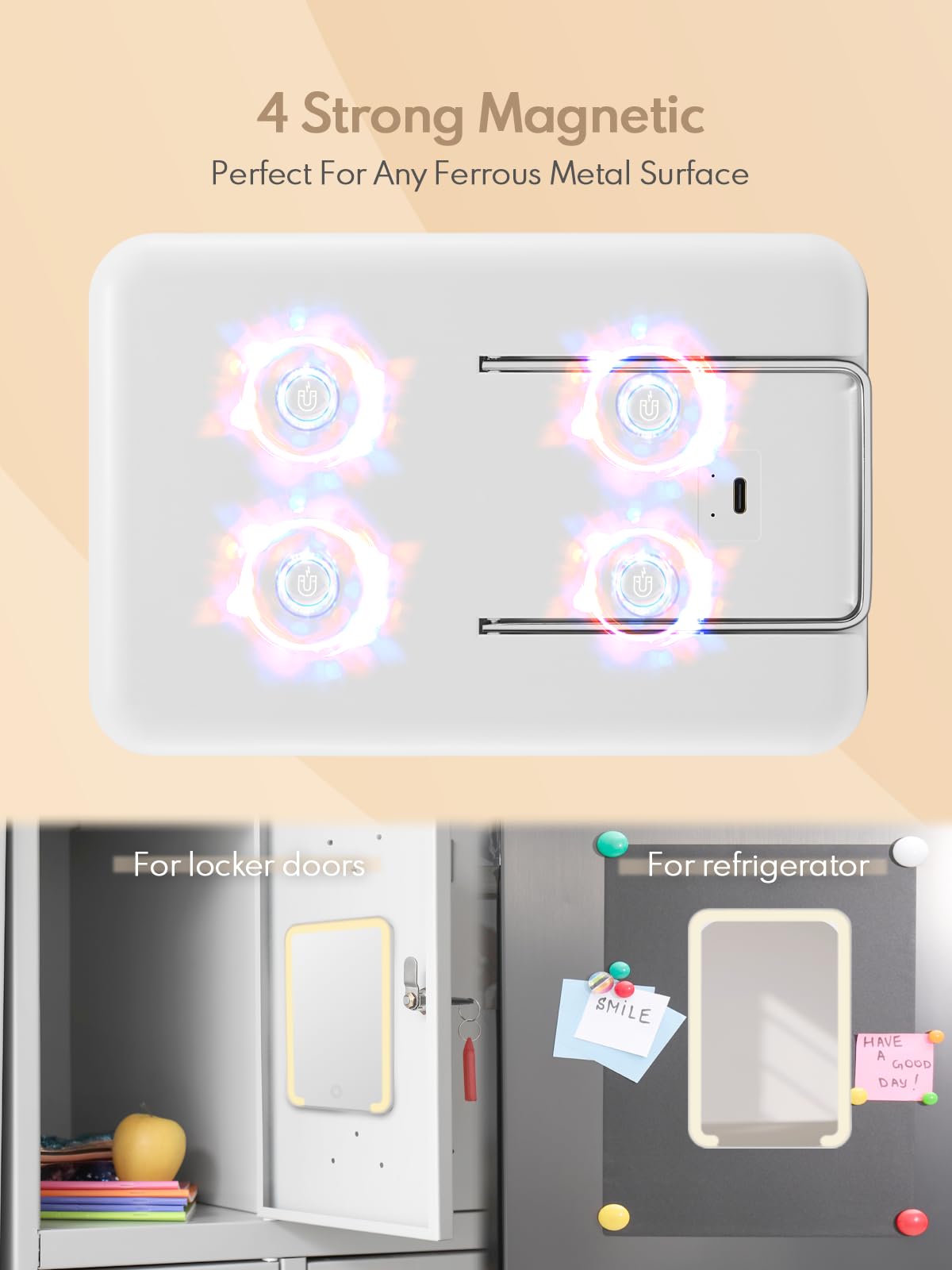 Qislee magnetic locker mirror cool light mode for crisp visibility.