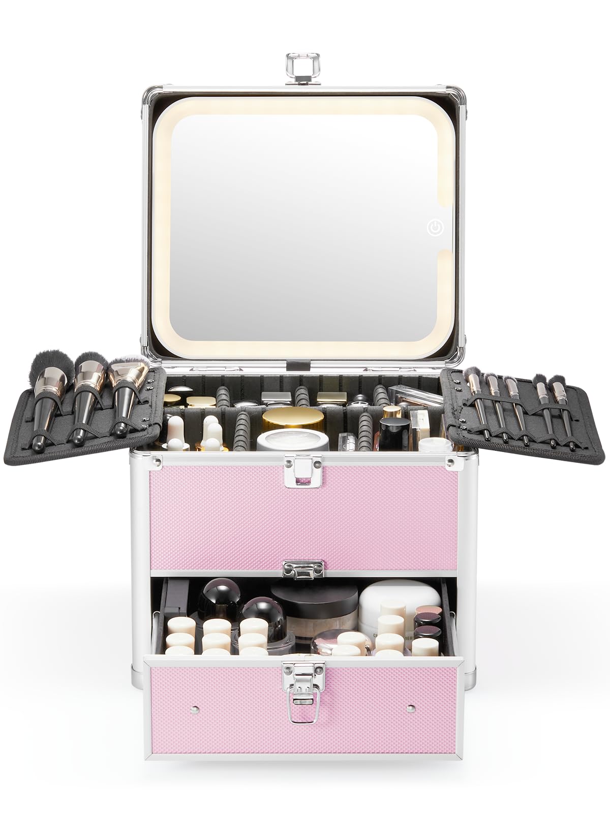 Qislee makeup box icy-pink front view shows portable travel-ready organizer for on-the-go beauty.