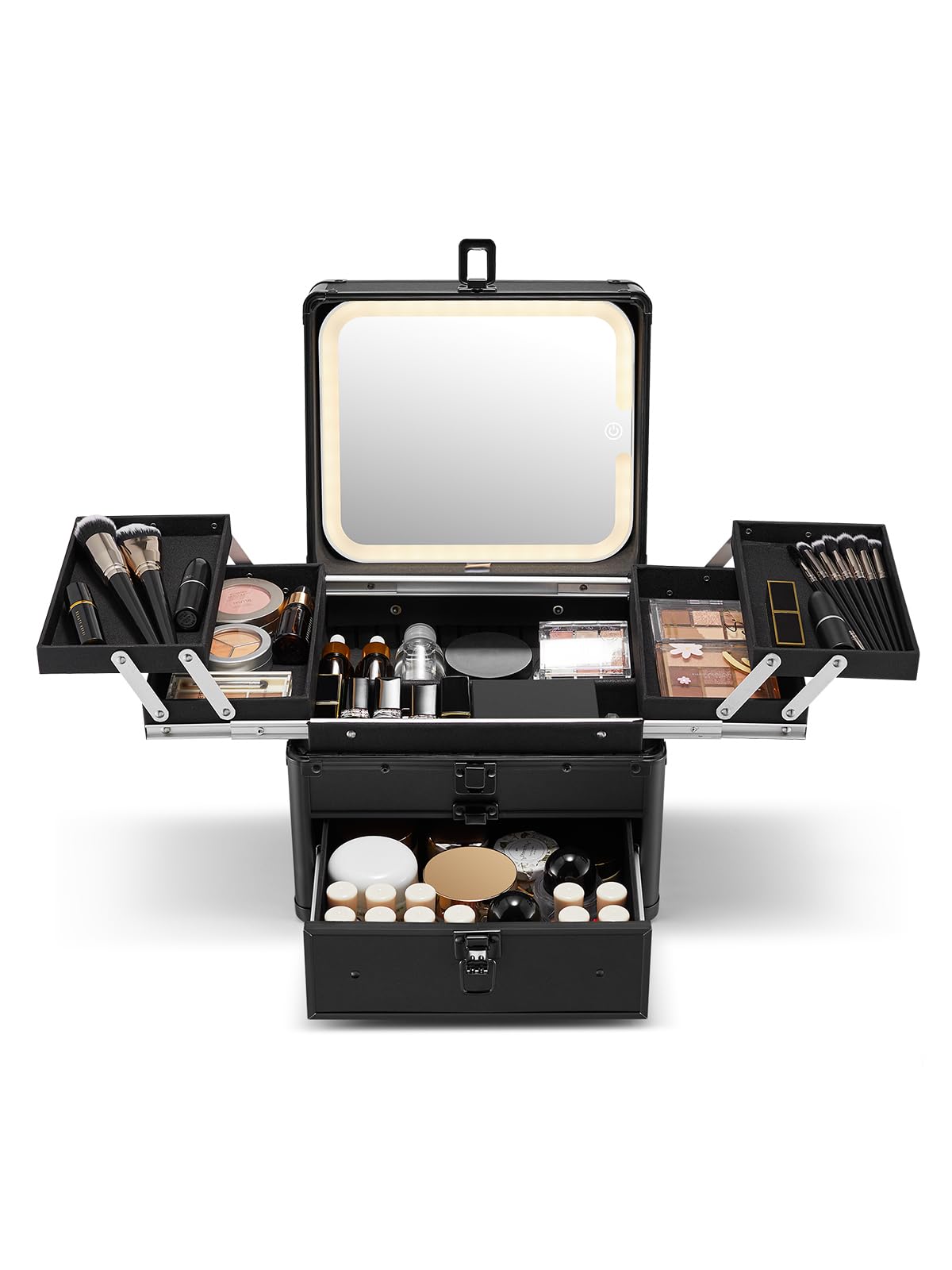 Qislee makeup box with drawer and four trays keeps cosmetics organized on the go