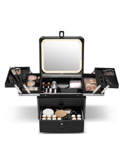 Qislee makeup box with drawer and four trays keeps cosmetics organized on the go