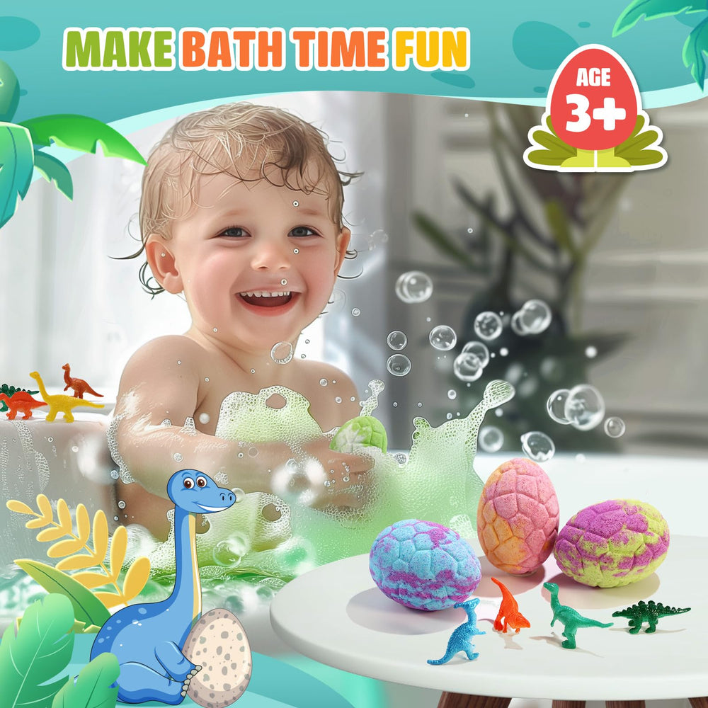 Qivatex nine-pack dinosaur bath set features vibrant colors and varied fragrances.