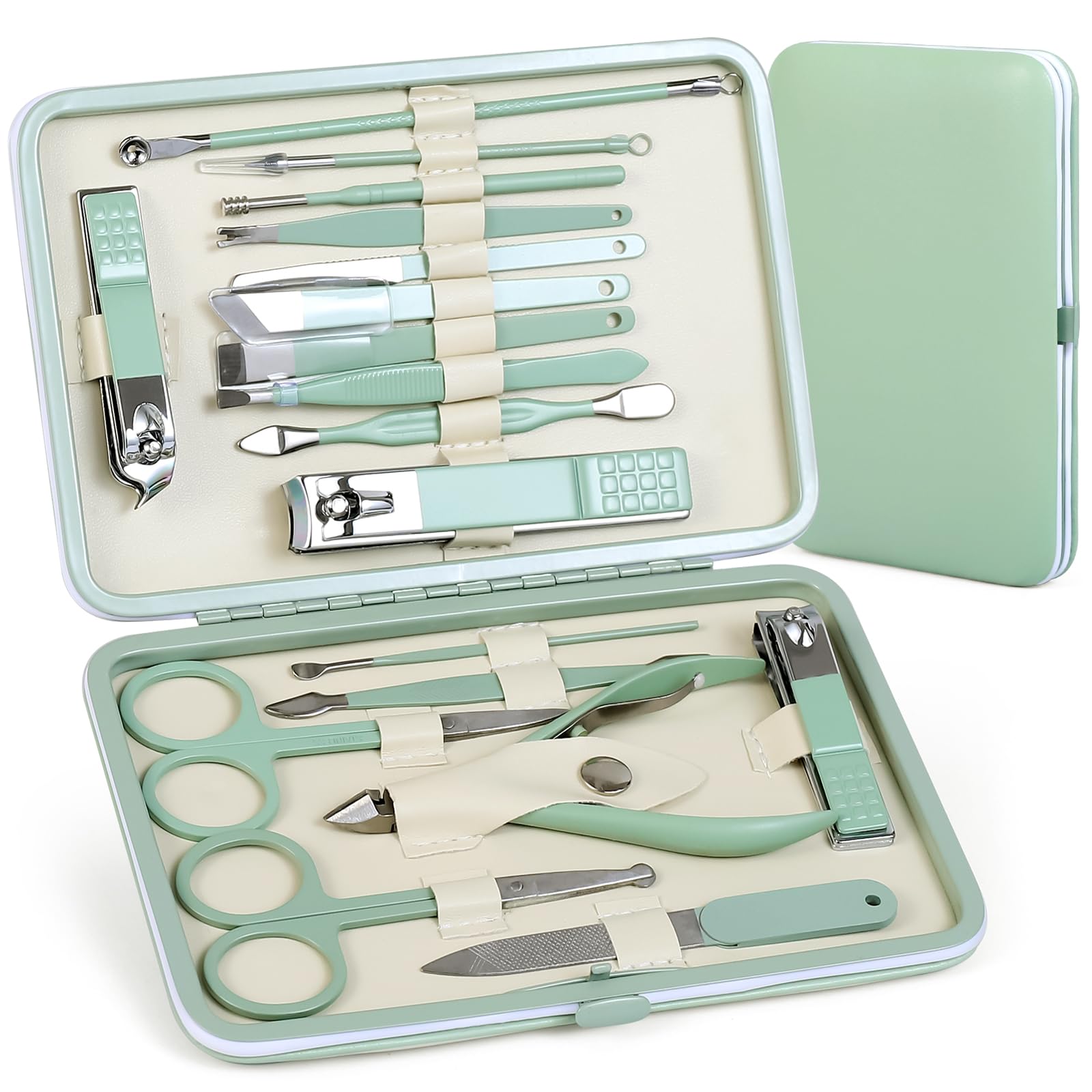 Set de manicura QLNE con estuche de cuero en verde té