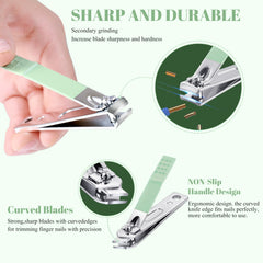 QLNE stainless steel nail clippers close-up showing sharp blades.