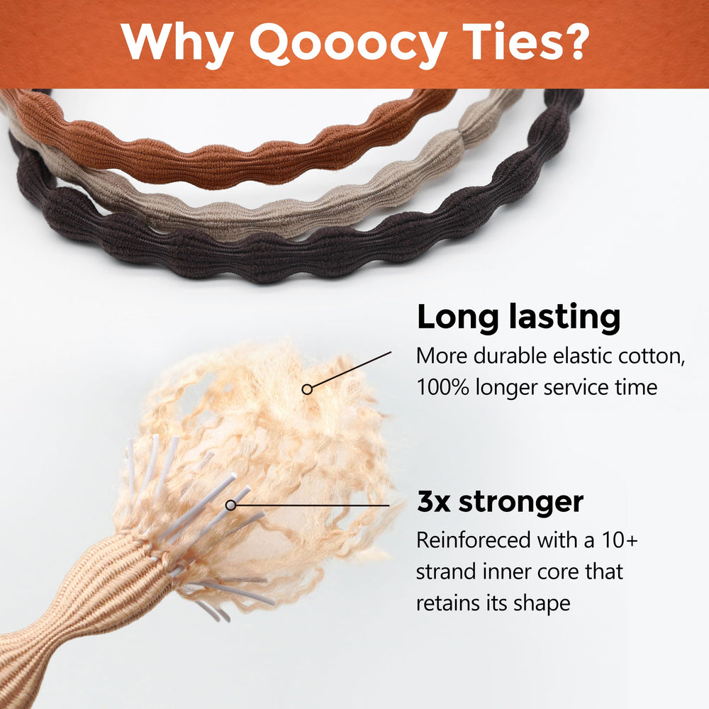 Qooocy soft elastic-core hair tie in black maintains shape during wear
