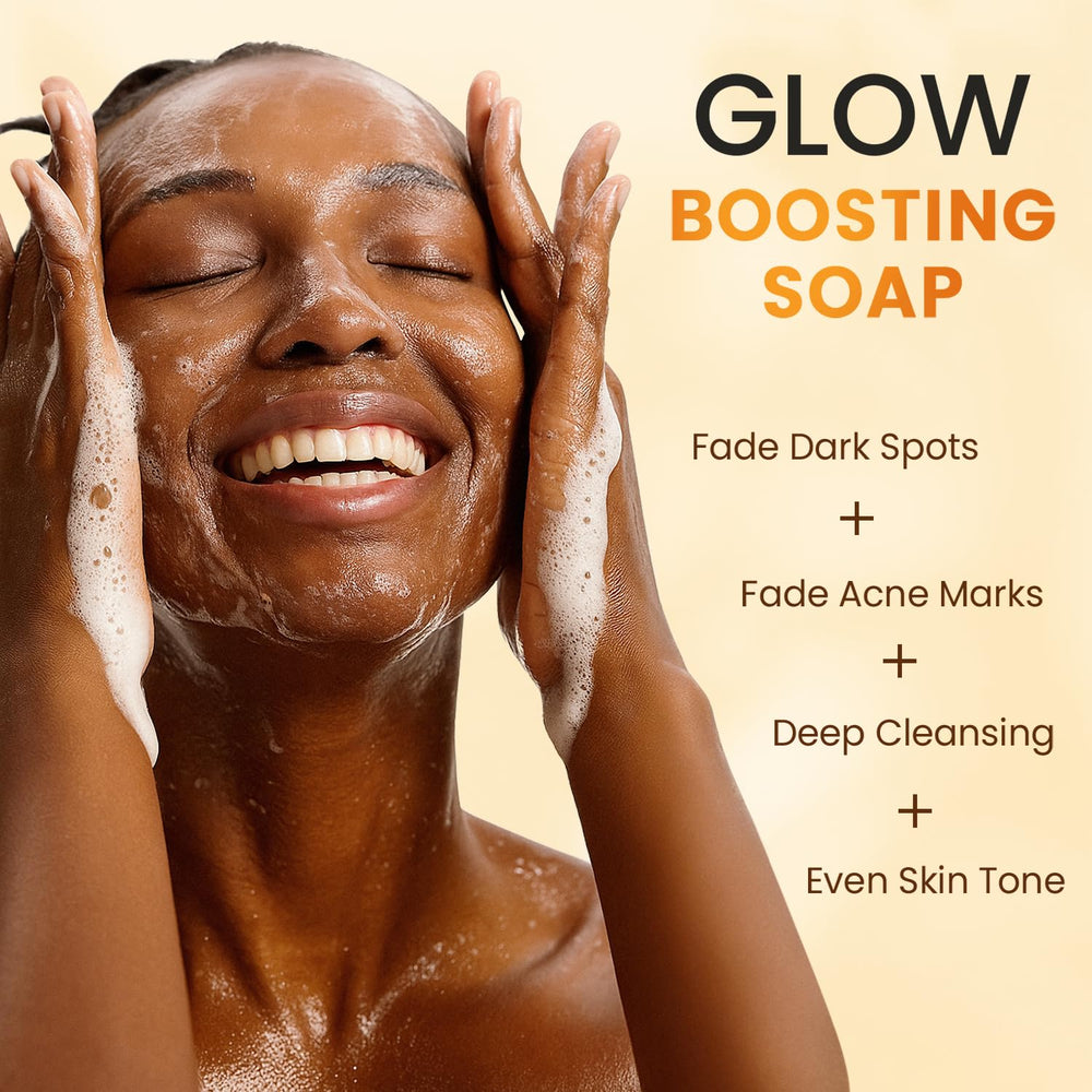 QOOQ turmeric kojic acid soap bar lather closeup suggests gentle cleansing for face and body