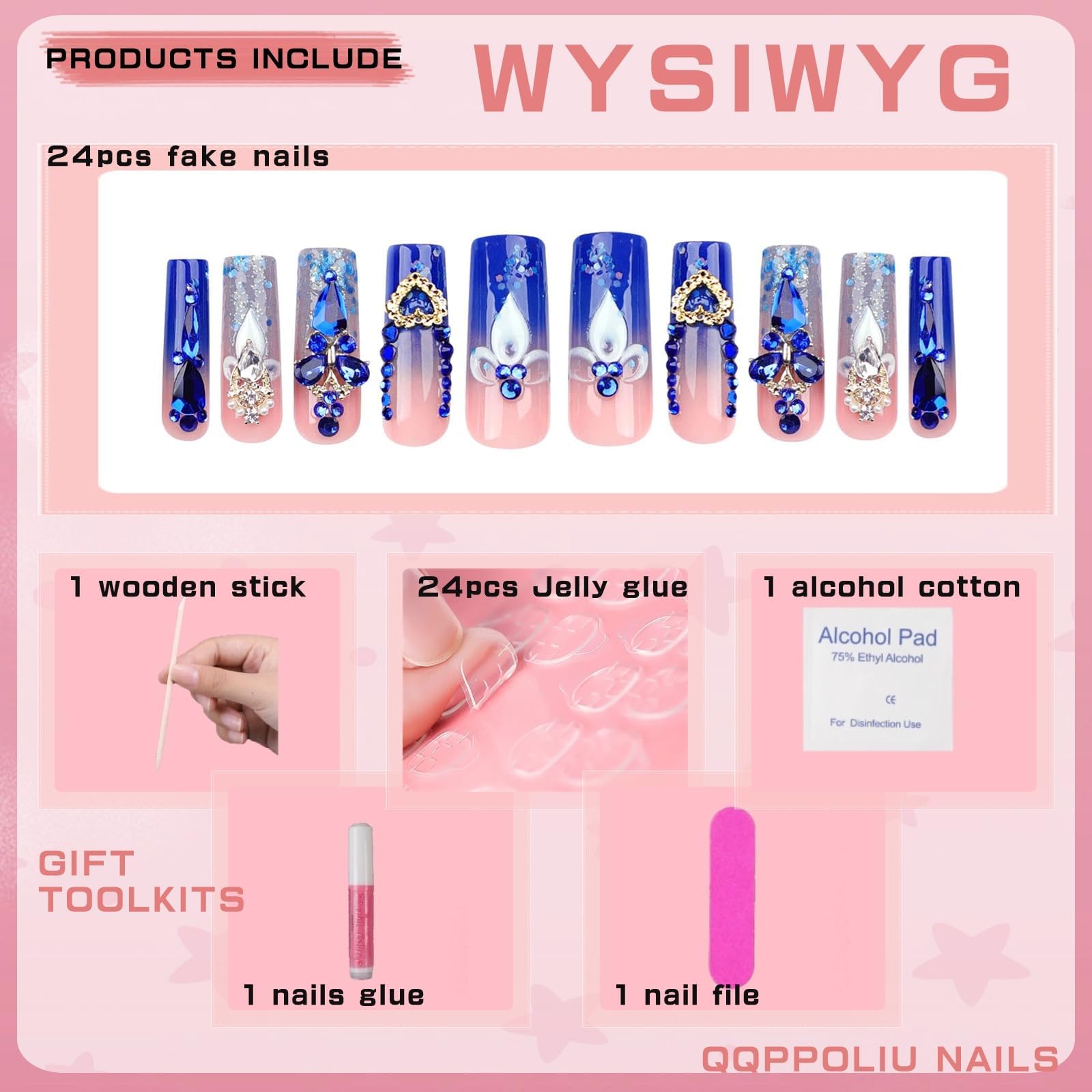 QQPPOLIU Royal Blue kit contents with mini file and jelly tabs for quick at-home application.