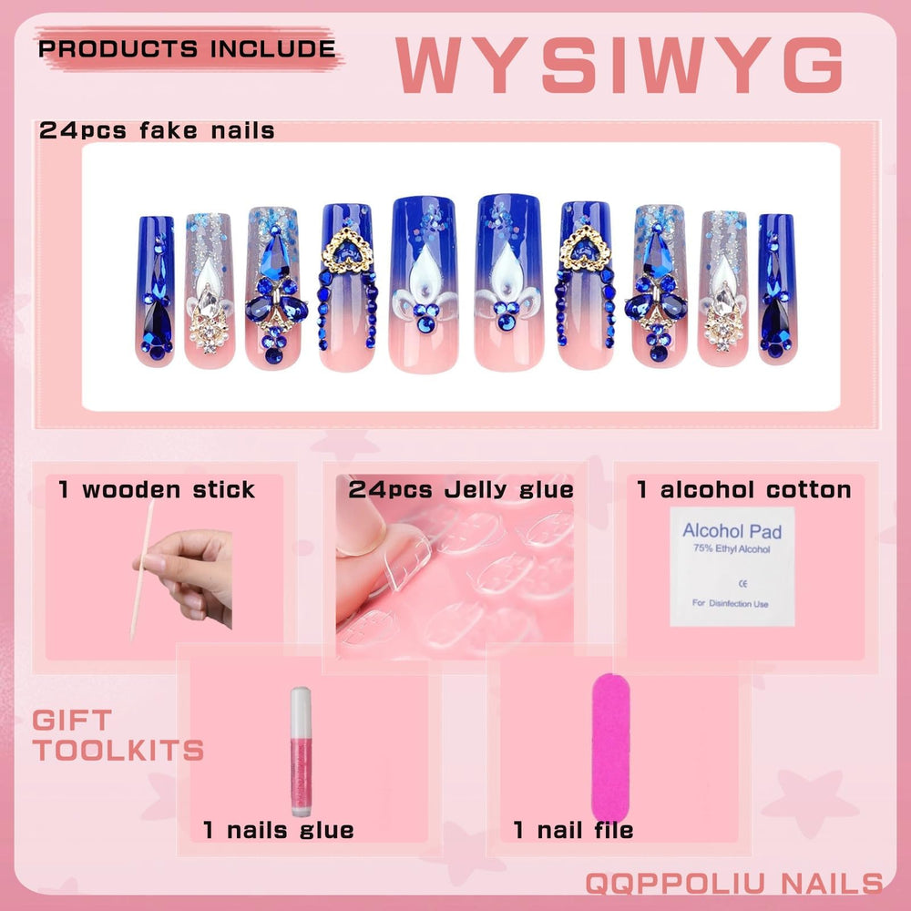 QQPPOLIU Royal Blue kit contents with mini file and jelly tabs for quick at-home application.