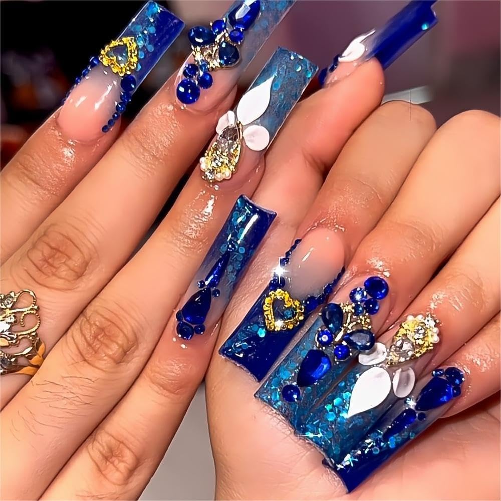 QQPPOLIU Royal Blue press-on nails with glossy coffin tips for party-ready style.