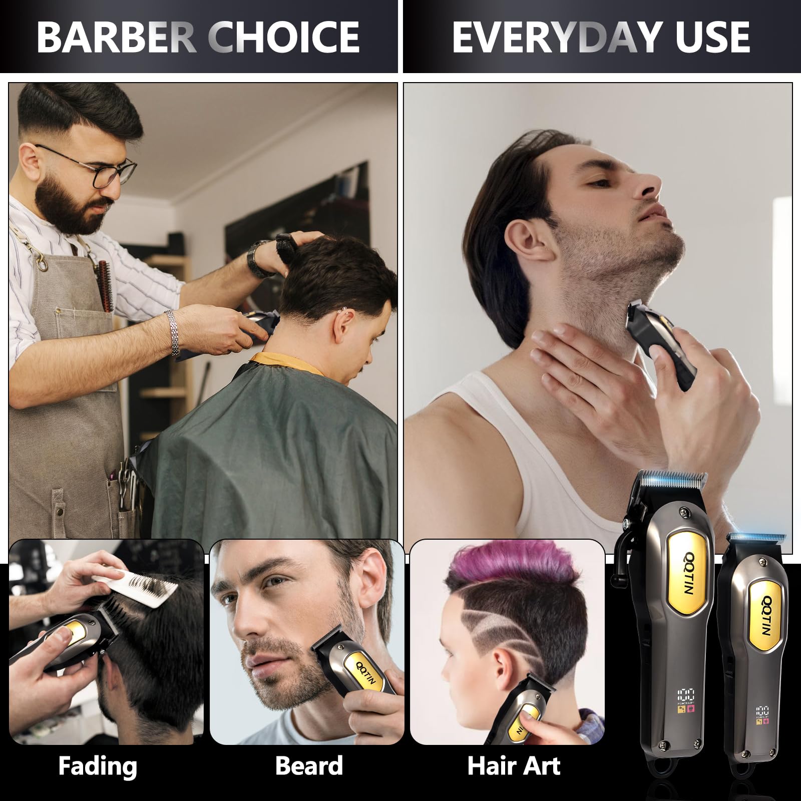 QQTIN hair clippers self-sharpening blades ensure smooth cuts on all hair types