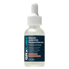 QRxLabs 15% Glycolic Acid Serum bottle close-up showing gentle exfoliation for smoother skin.