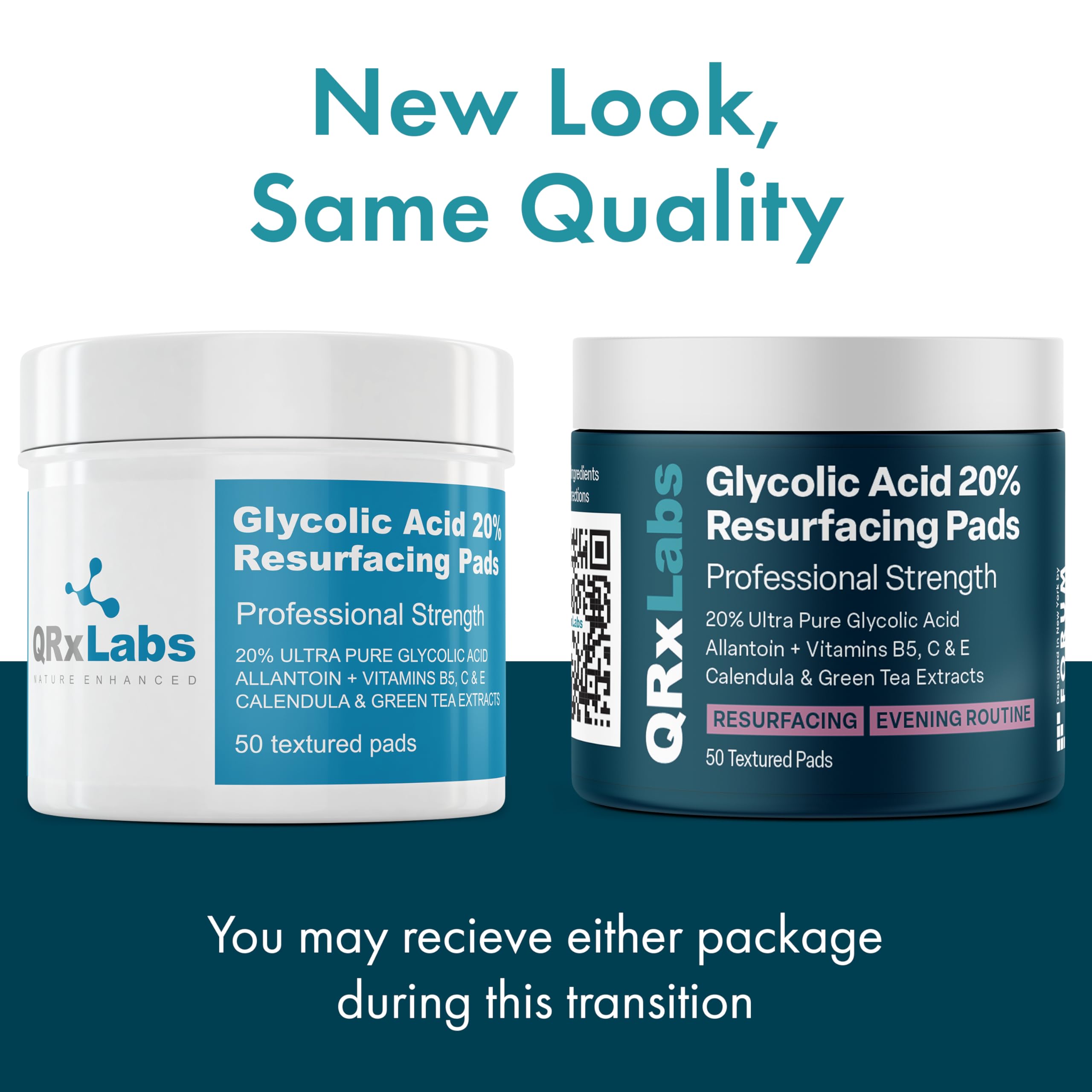 QRxLabs glycolic 20% resurfacing pads jar with vitamins for hydration and renewal.