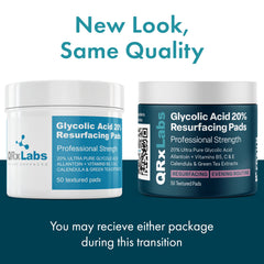 QRxLabs glycolic 20% resurfacing pads jar with vitamins for hydration and renewal.