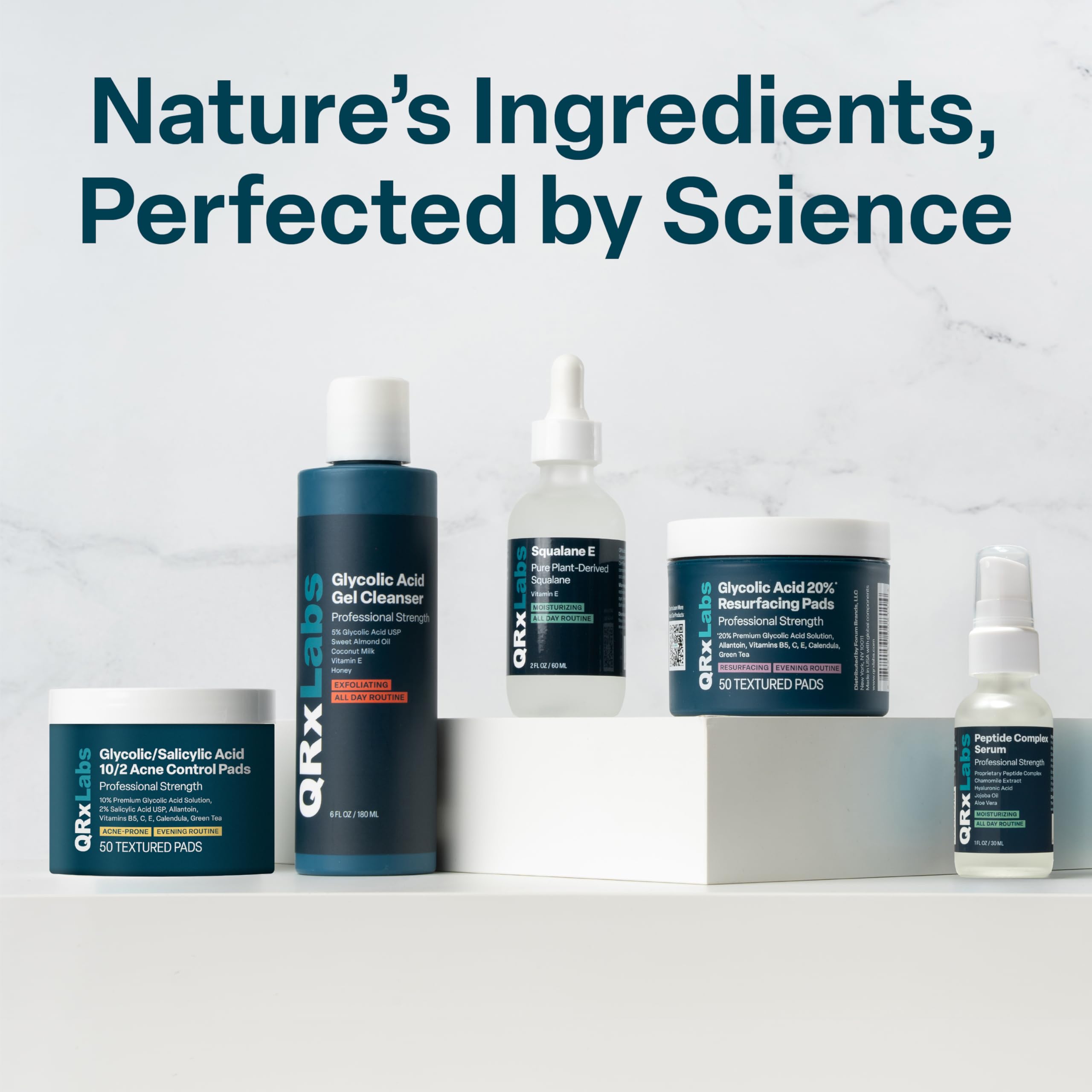 QRxLabs glycolic acid face wash counter-top showing product on display