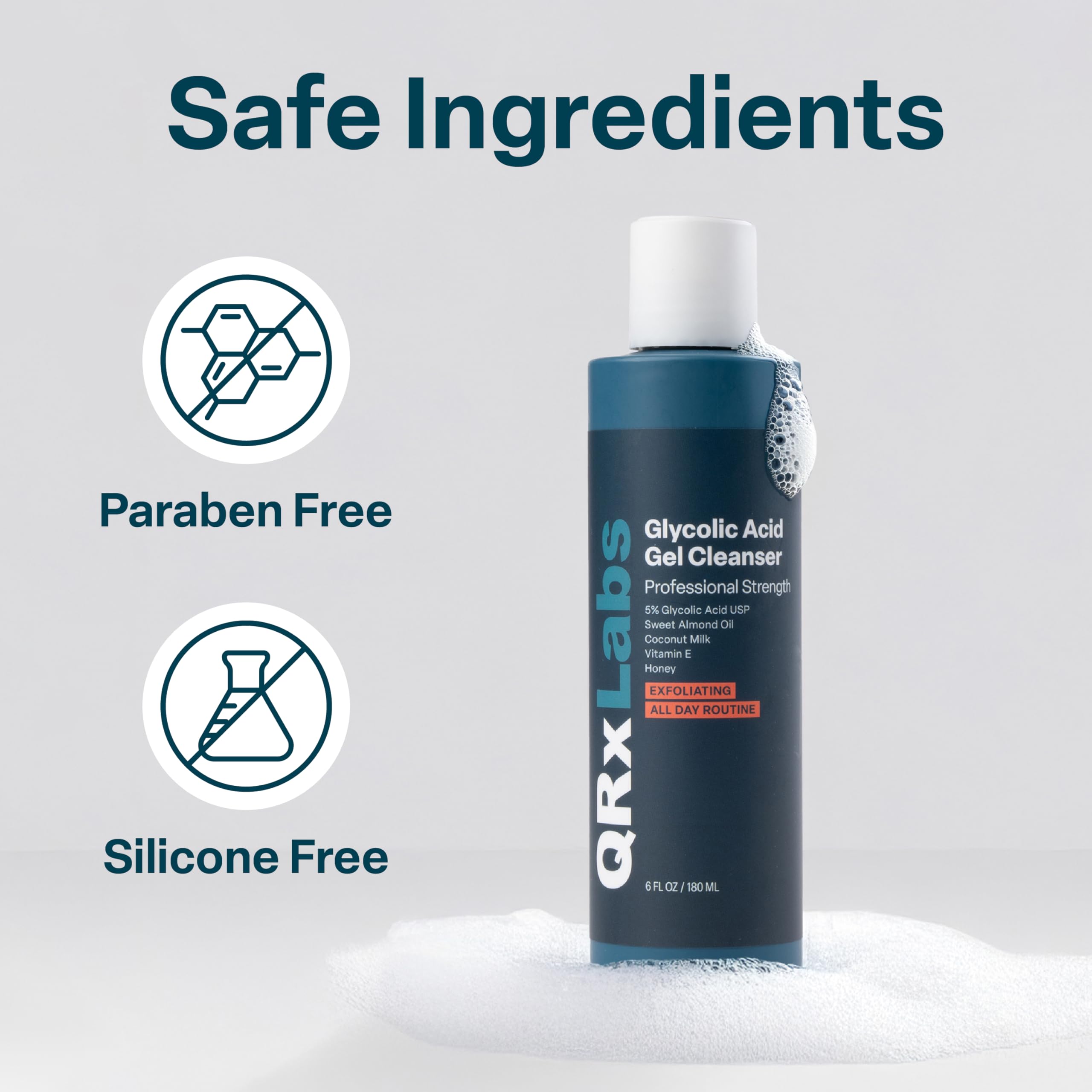 QRxLabs glycolic acid face wash in a skincare routine image suggesting balanced complexion