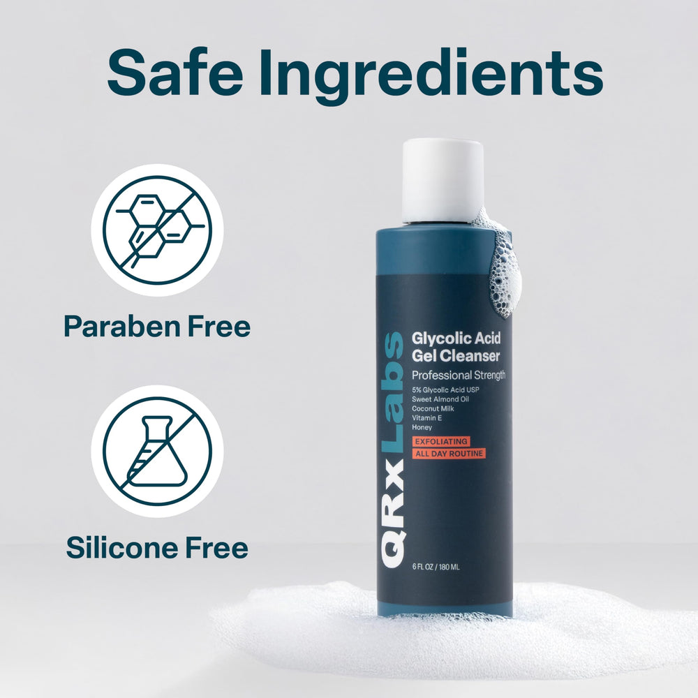 QRxLabs glycolic acid face wash in a skincare routine image suggesting balanced complexion