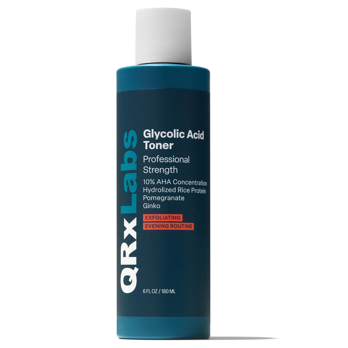QRxLabs Glycolic Acid Toner bottle highlights hydration for a smoother complexion.