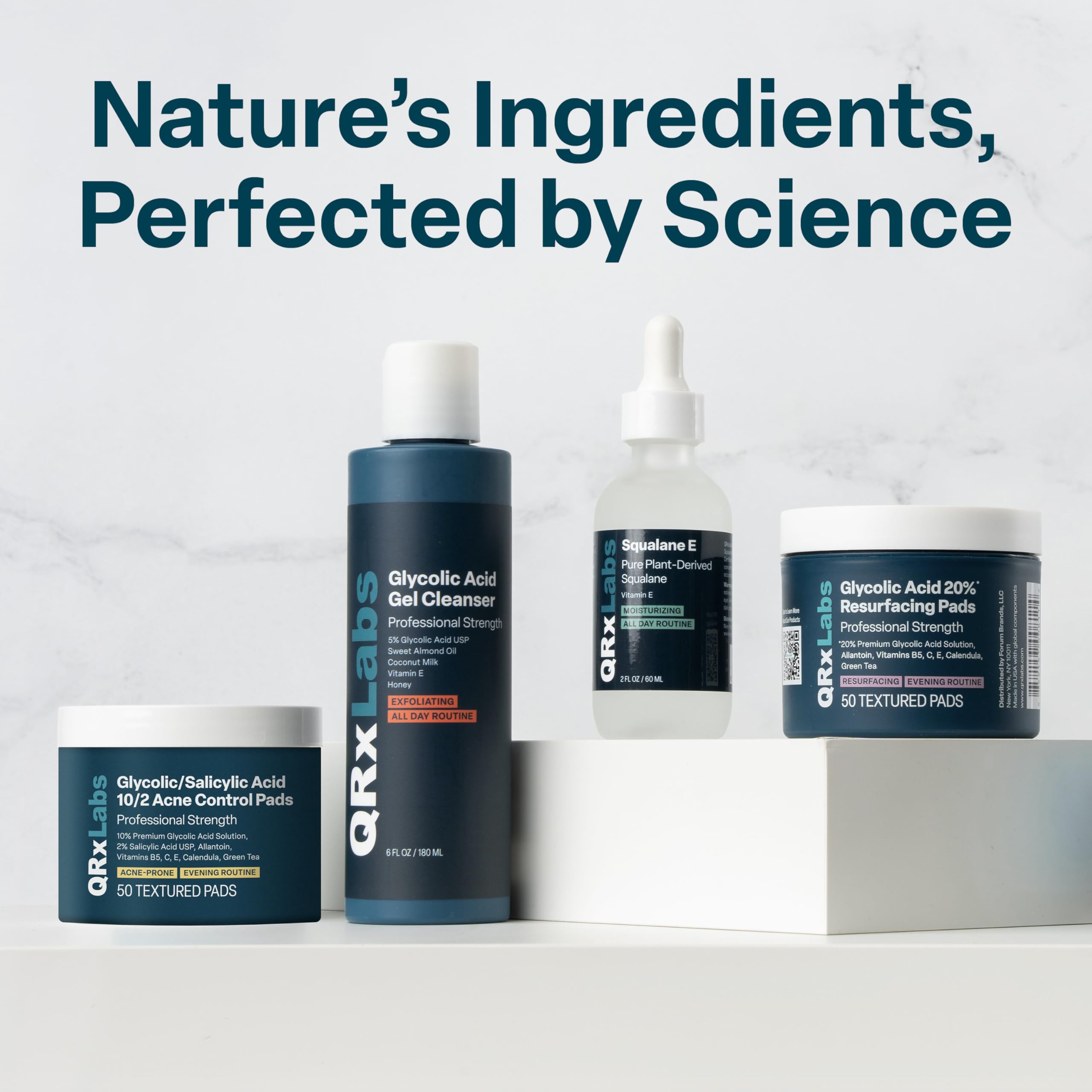 QRxLabs Glycolic Acid Toner glow-finish scene hints radiant skin texture.