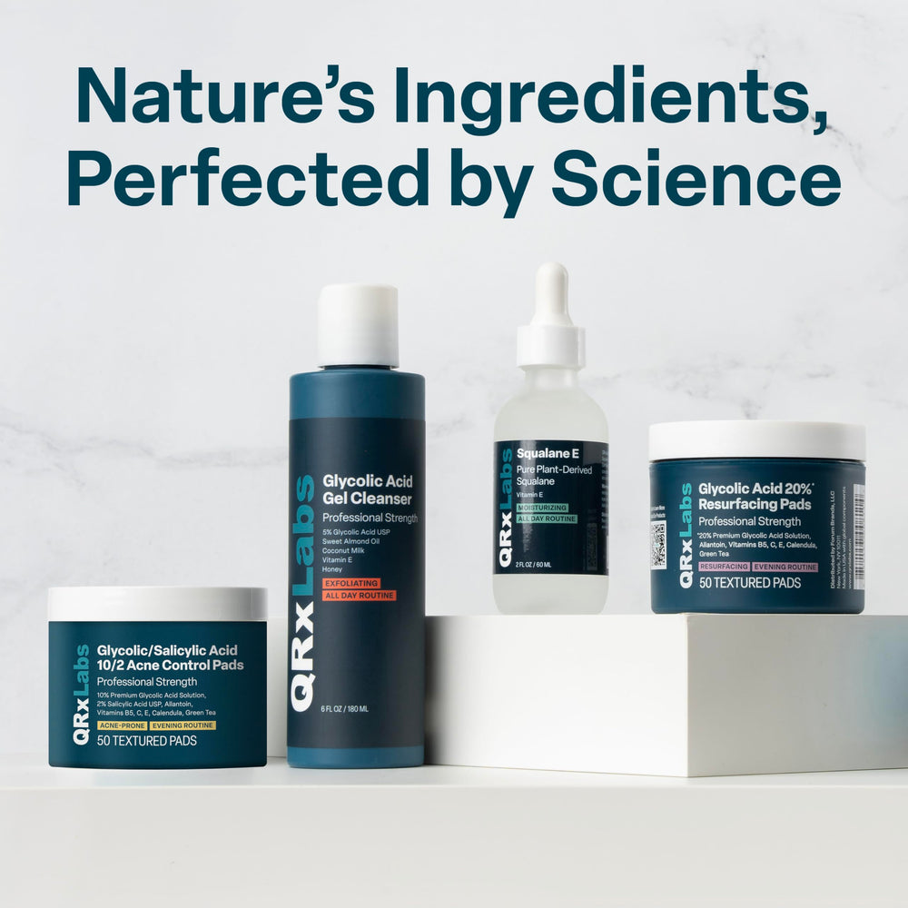 QRxLabs Glycolic Acid Toner glow-finish scene hints radiant skin texture.