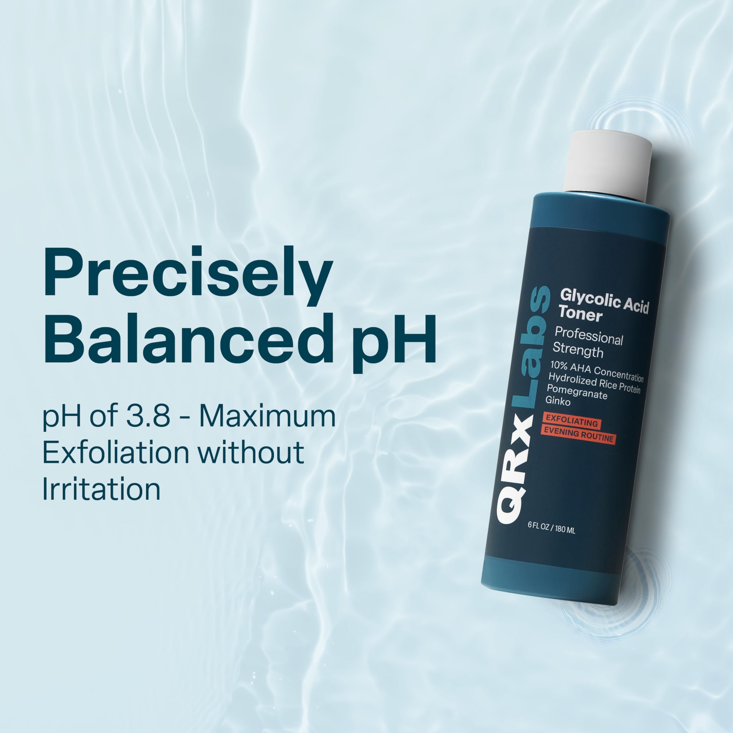QRxLabs Glycolic Acid Toner featuring pomegranate and ginkgo biloba signals antioxidant hydration.