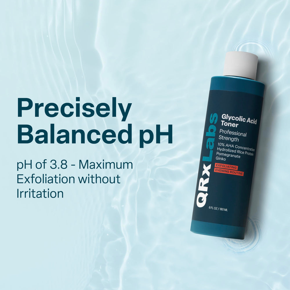 QRxLabs Glycolic Acid Toner featuring pomegranate and ginkgo biloba signals antioxidant hydration.