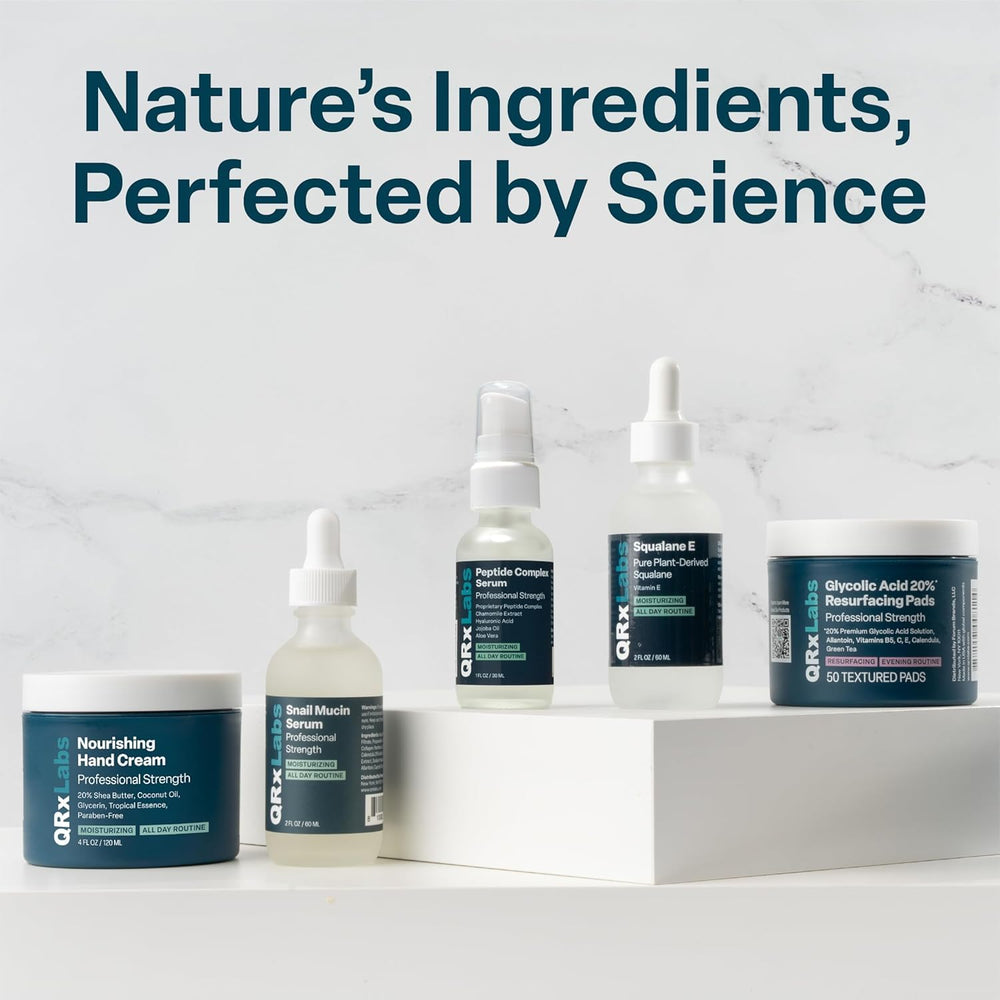 QRxLabs ingredients label close-up confirms glycolic acid content for exfoliation.