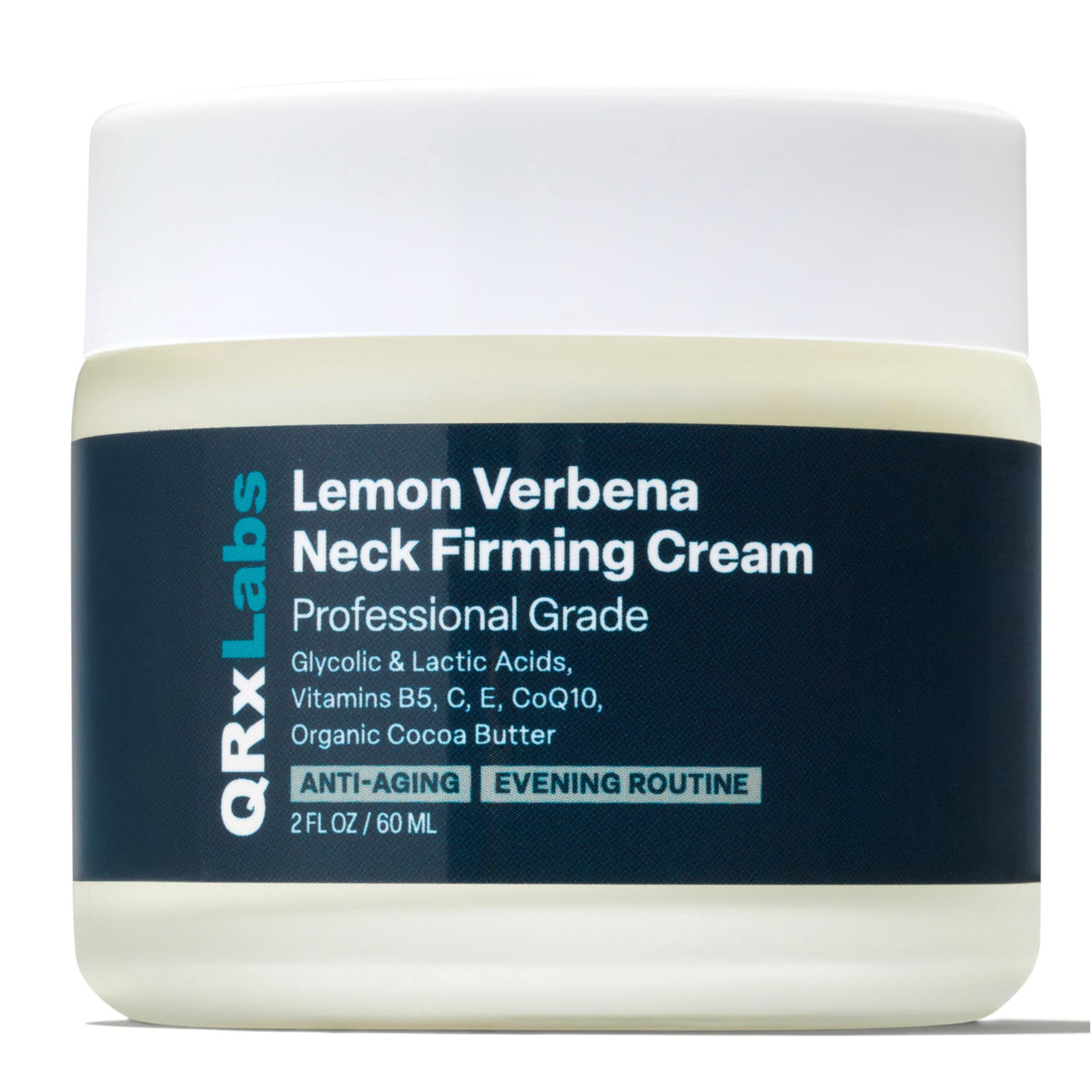 QRxLabs Lemon Verbena Neck Firming Cream bottle shows soothing fragrance and possible firming benefits.