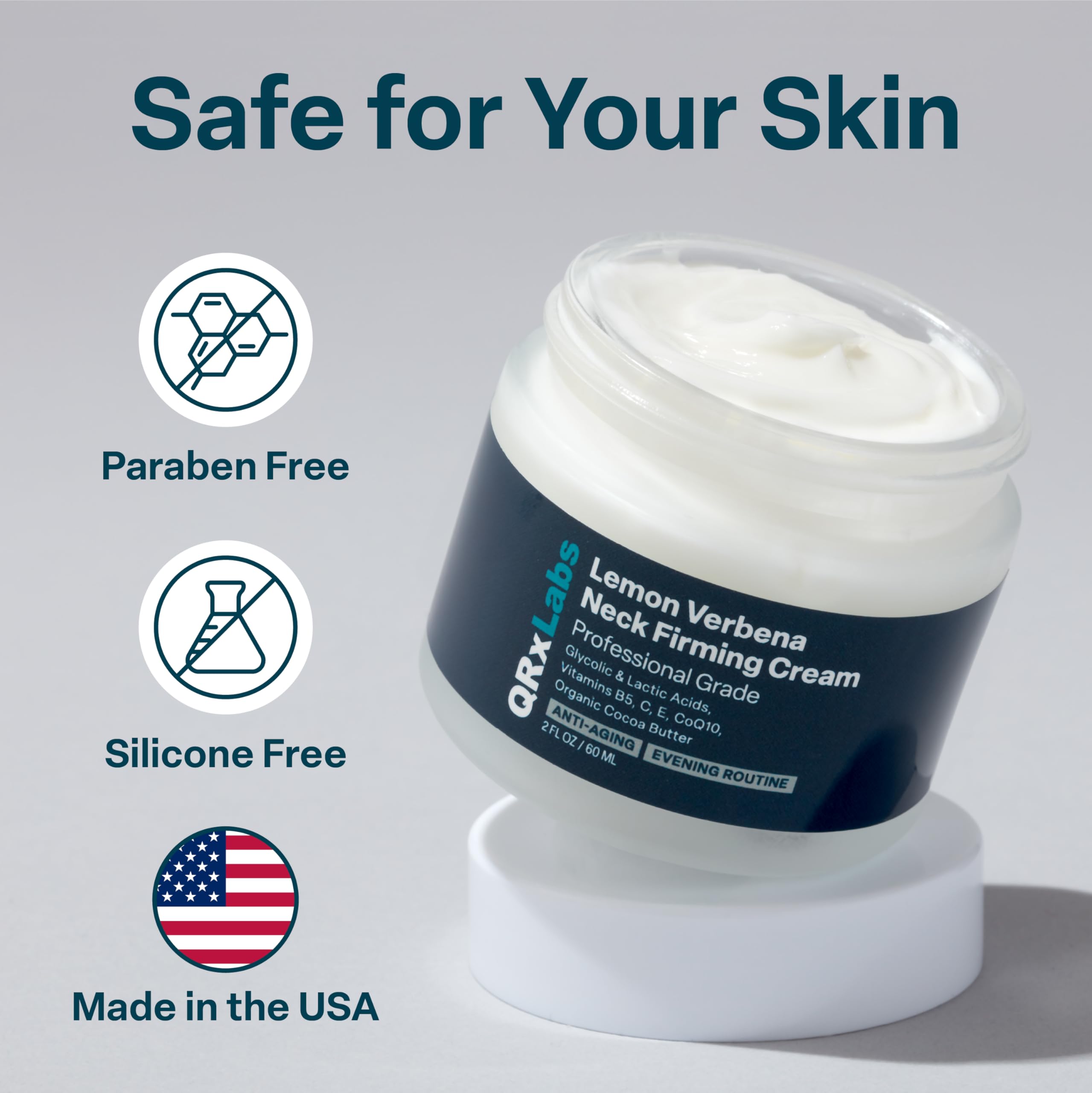 QRxLabs Lemon Verbena Neck Firming Cream Made in USA with professional-grade ingredients.