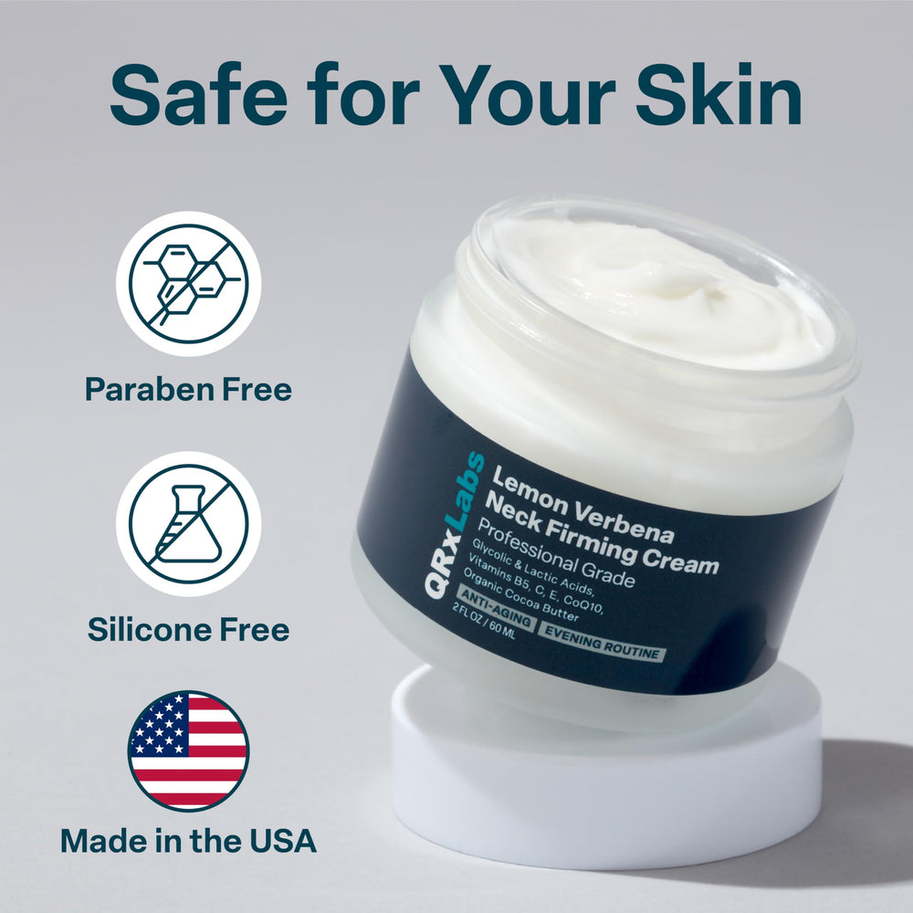 QRxLabs Lemon Verbena Neck Firming Cream Made in USA with professional-grade ingredients.