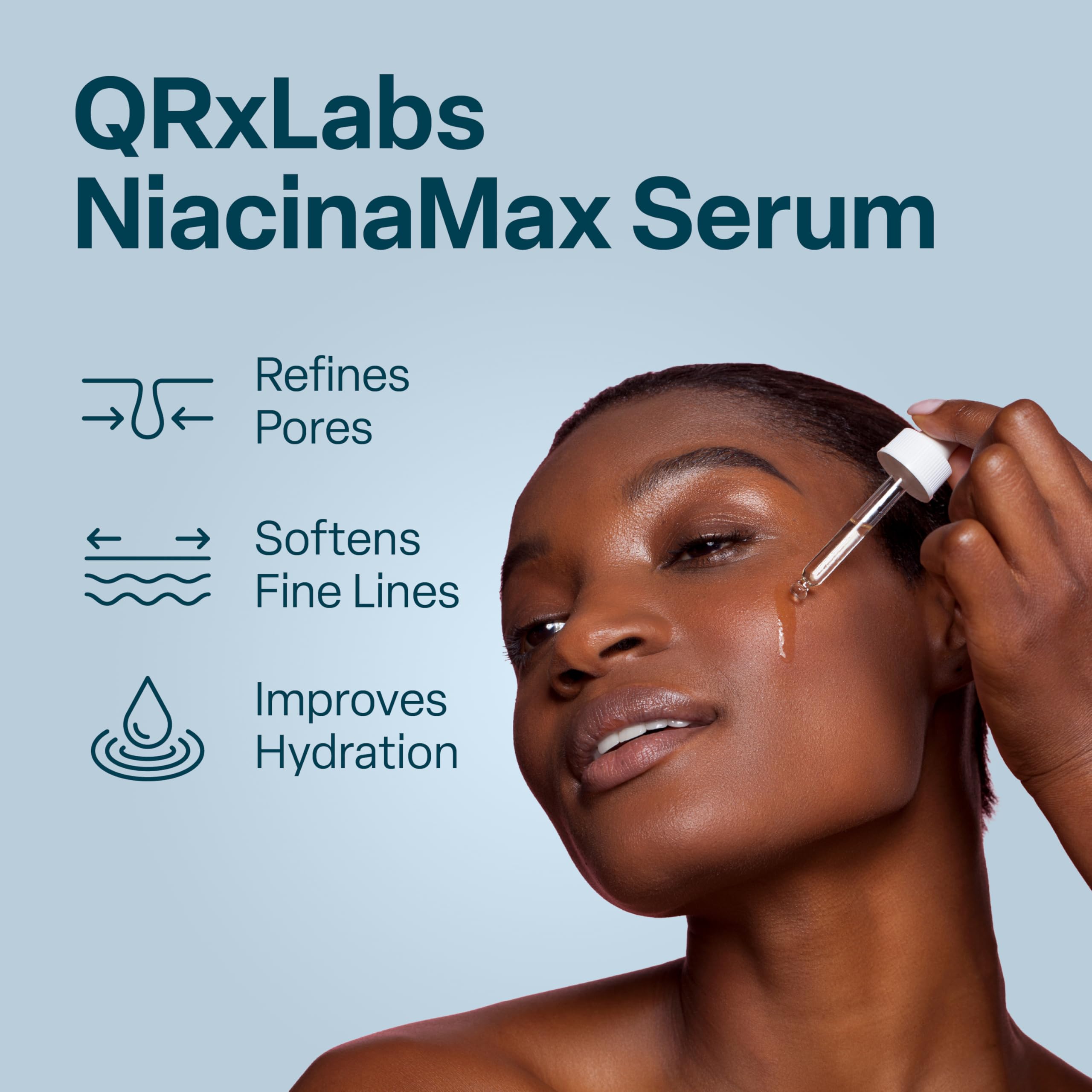 QRxLabs NiacinaMax serum applying on skin for targeted blemish care and pore refinement