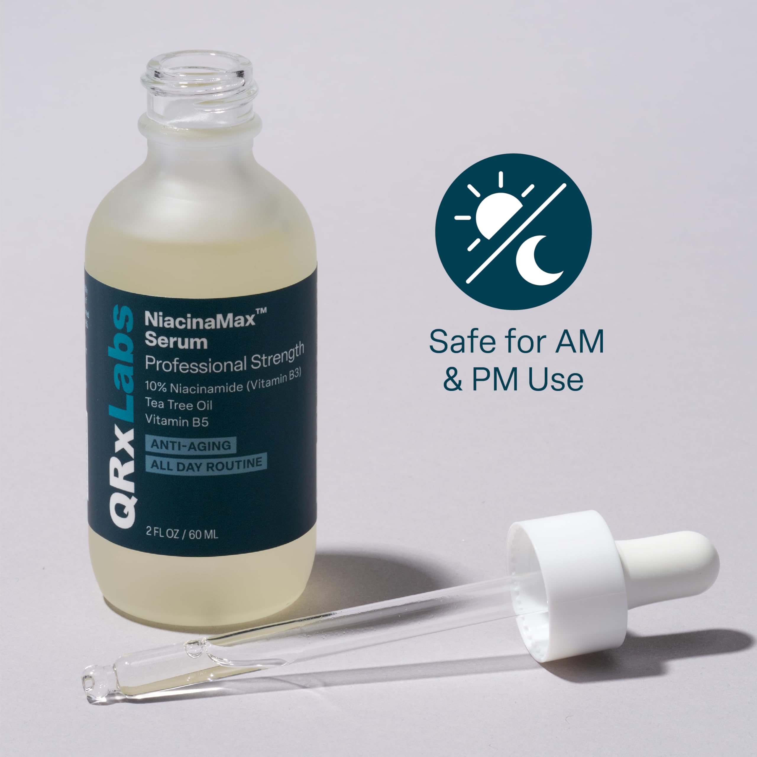 QRxLabs NiacinaMax serum on hand illustrates daily skincare routine