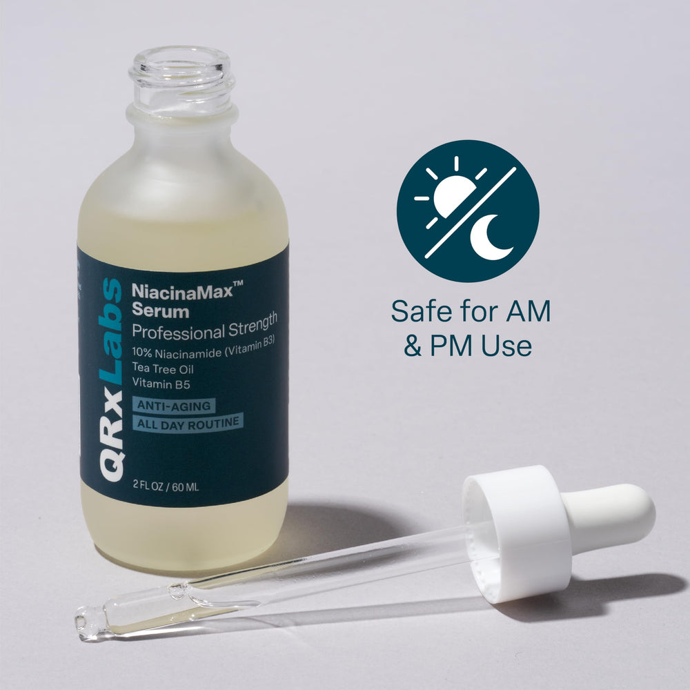 QRxLabs NiacinaMax serum on hand illustrates daily skincare routine