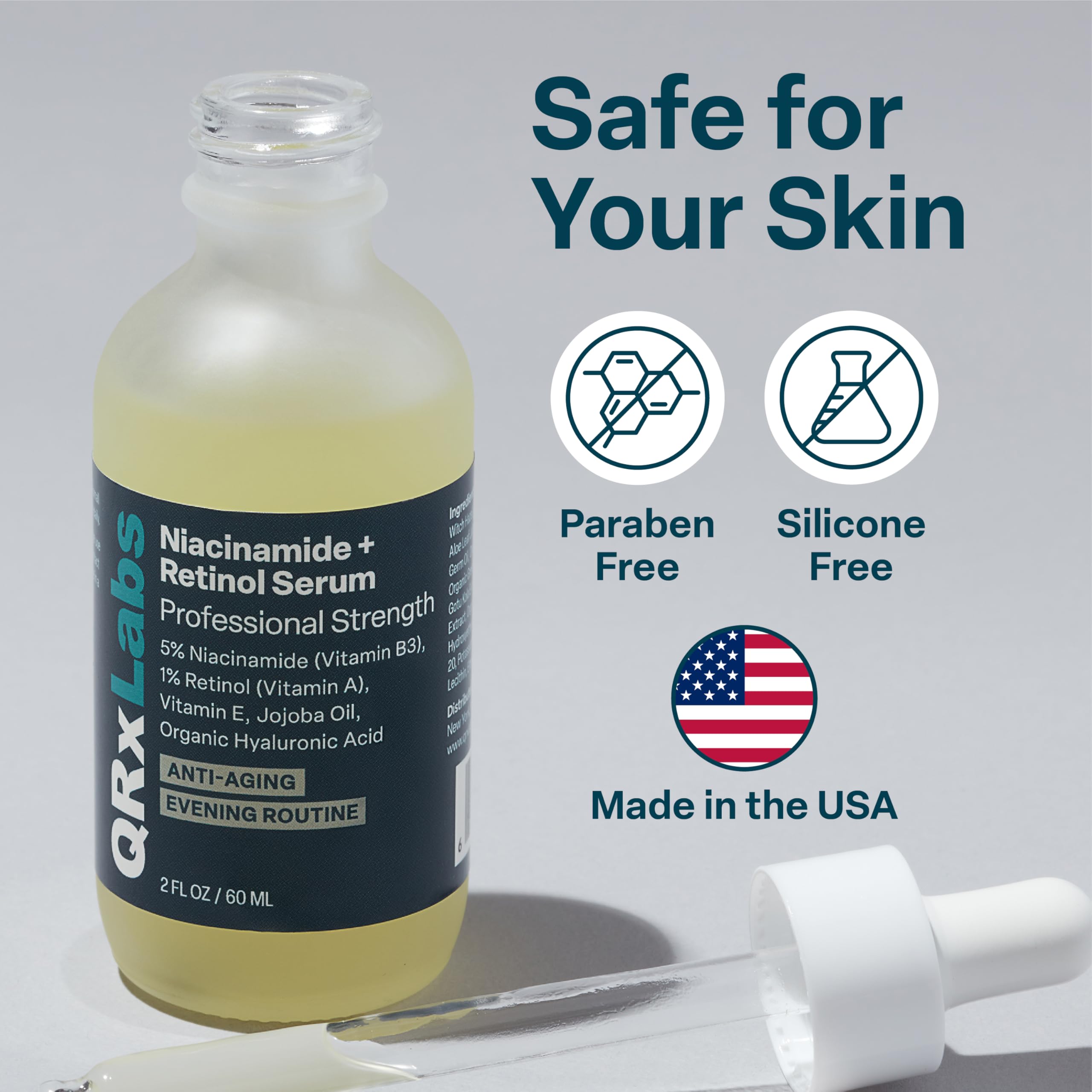 QRxLabs Niacinamide Serum with vitamin E and jojoba oil visible ingredients enhance moisture balance