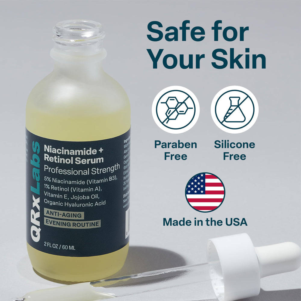 QRxLabs Niacinamide Serum with vitamin E and jojoba oil visible ingredients enhance moisture balance