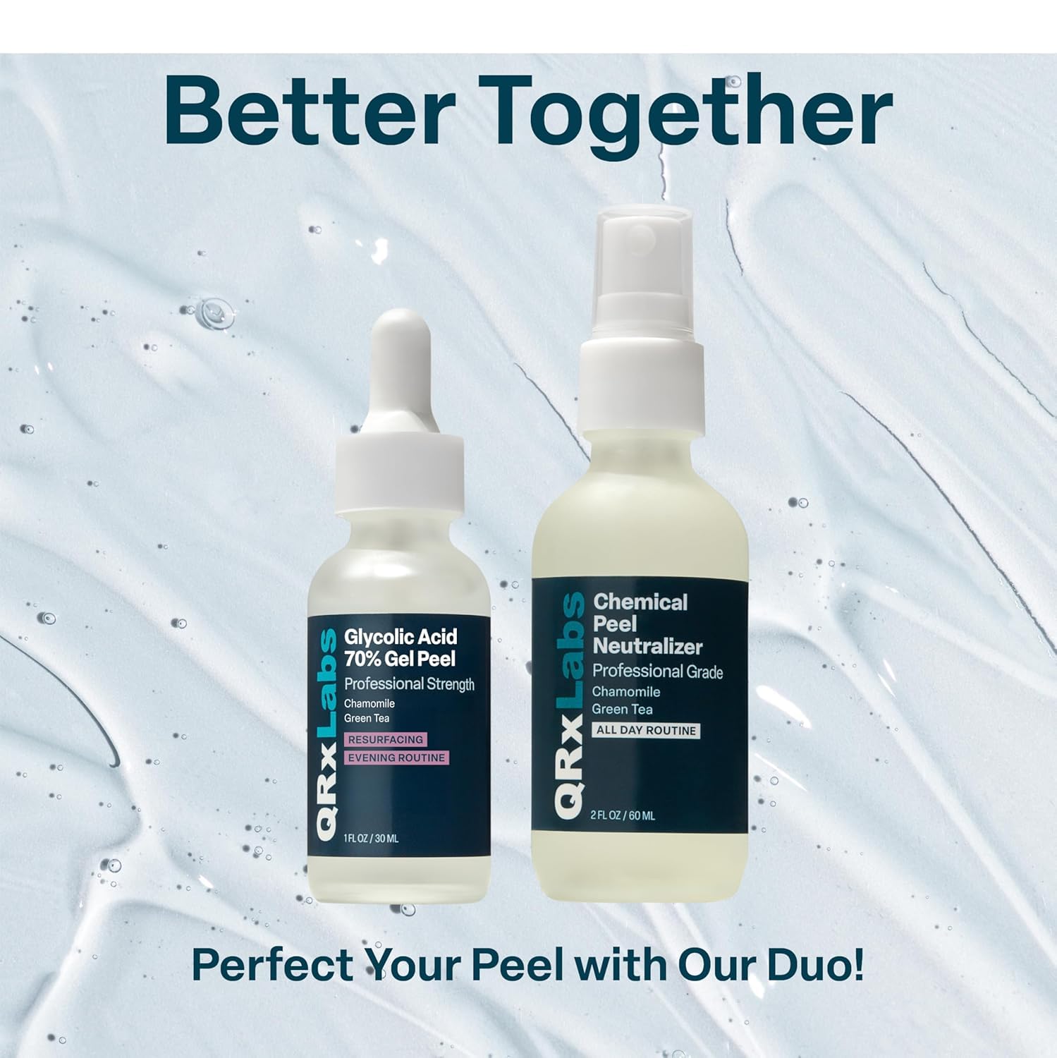 QRxLabs packaging close-up shows premium formulation and at-home care guidance.