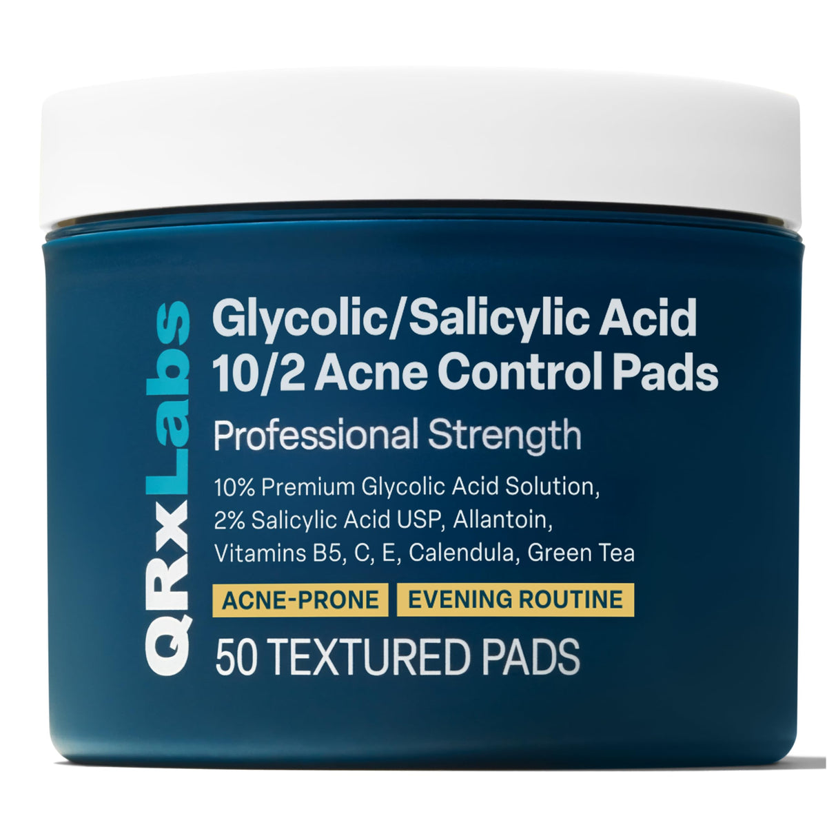QRxLabs Salicylic-Glycolic Pads 50-count jar for daily exfoliation and clearer pores.