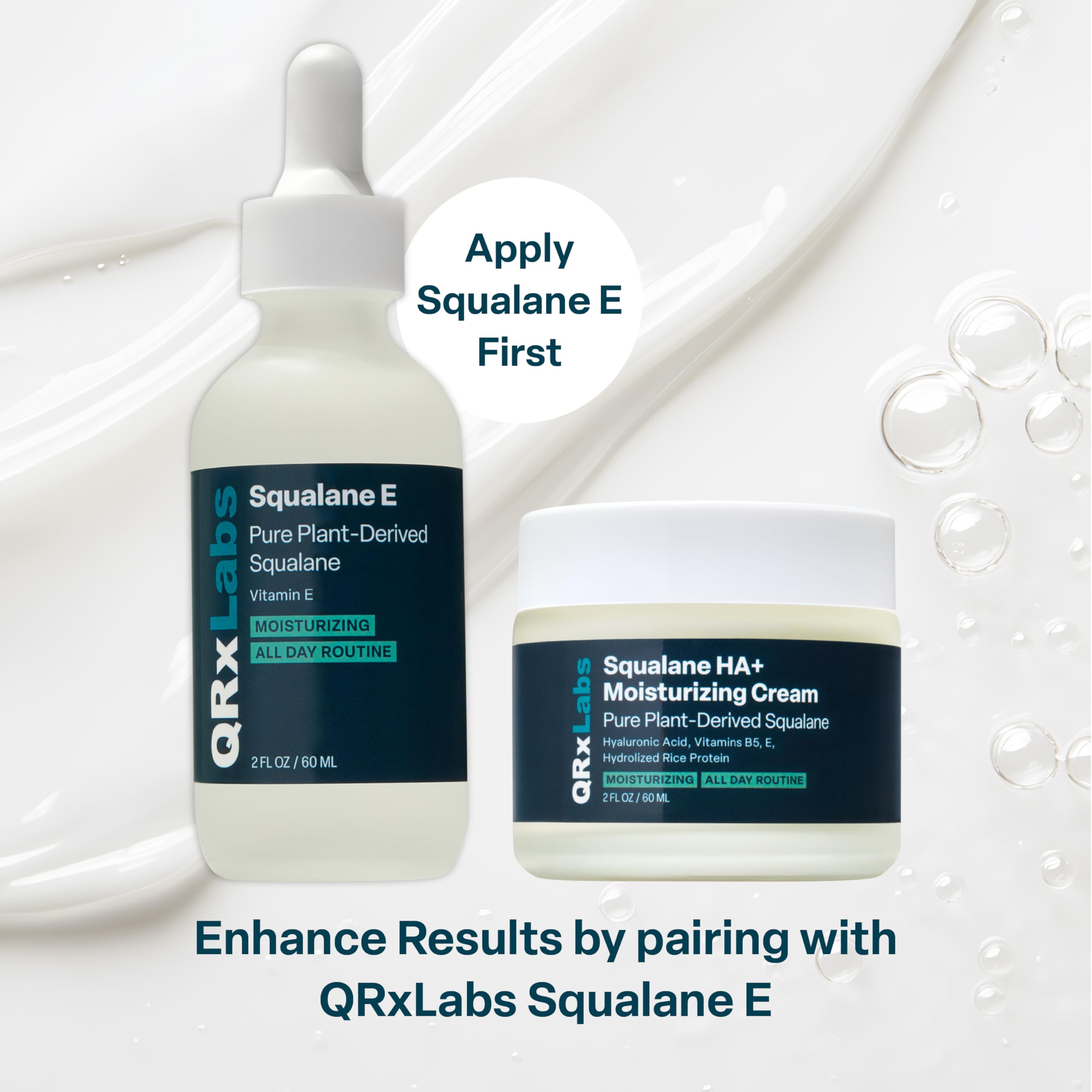 QRxLabs squalane face moisturizer hyaluronic acid detail emphasizes hydration boost without heaviness.