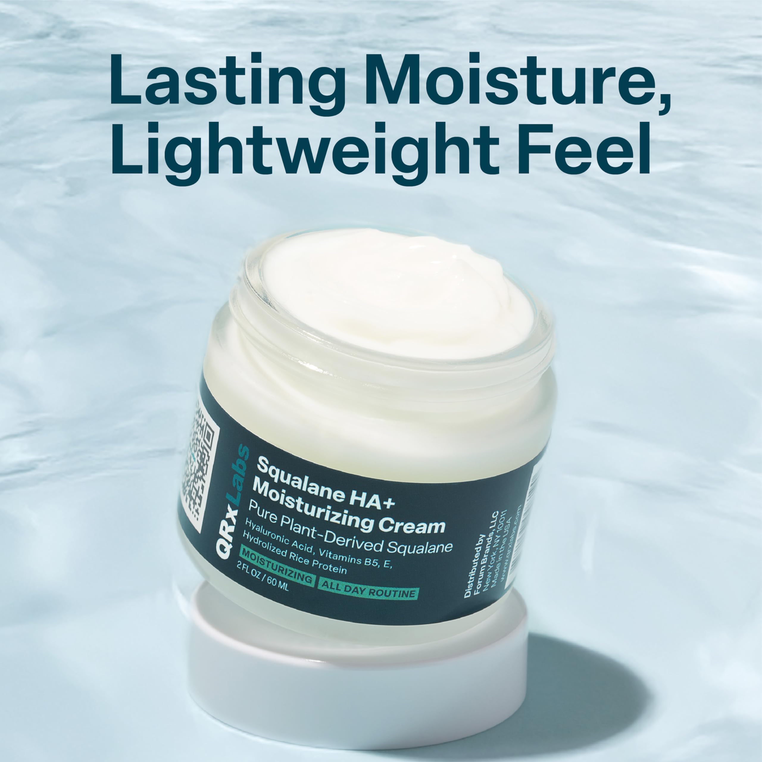 QRxLabs squalane face moisturizer rice protein detail signals nutrient-rich moisture for radiant skin.