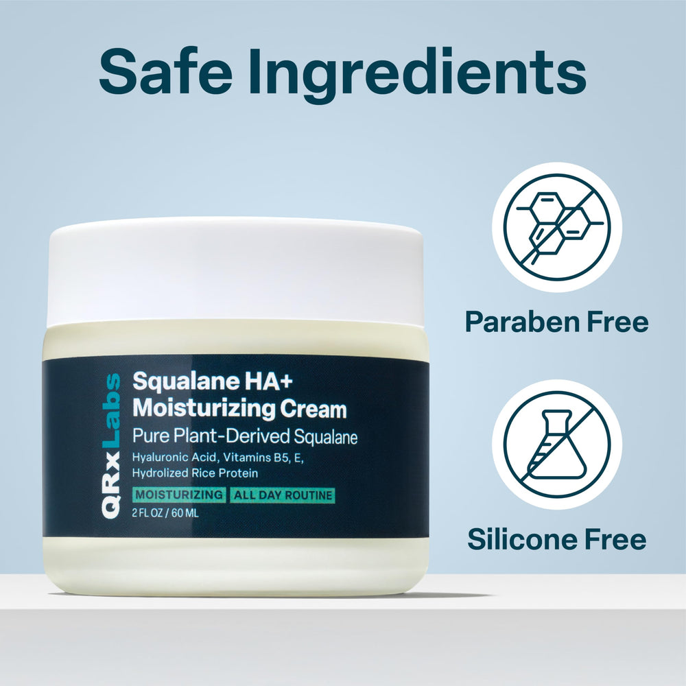 QRxLabs squalane face moisturizer vitamin B5 detail highlights conditioning support for smoother texture.