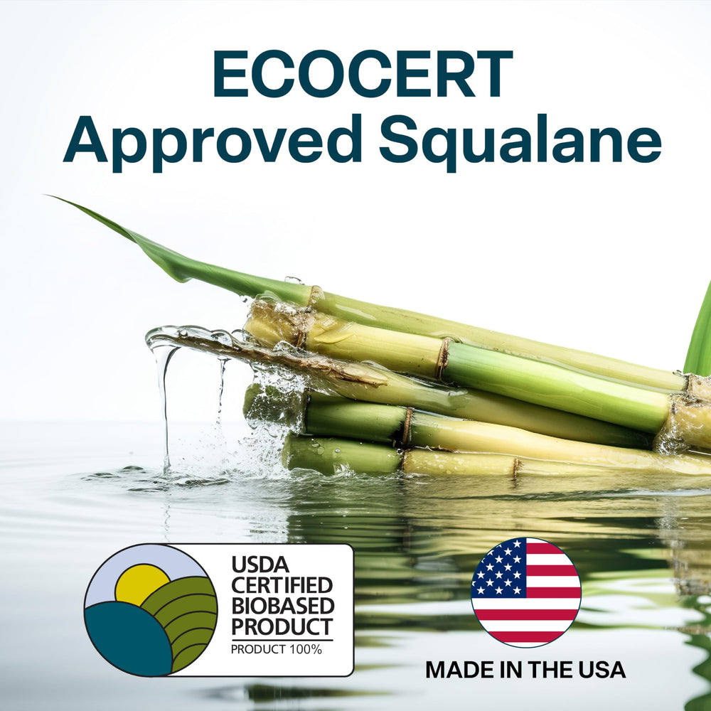 QRxLabs sugarcane-derived squalane packaging conveys eco-friendly, cruelty-free skincare in a bottle.