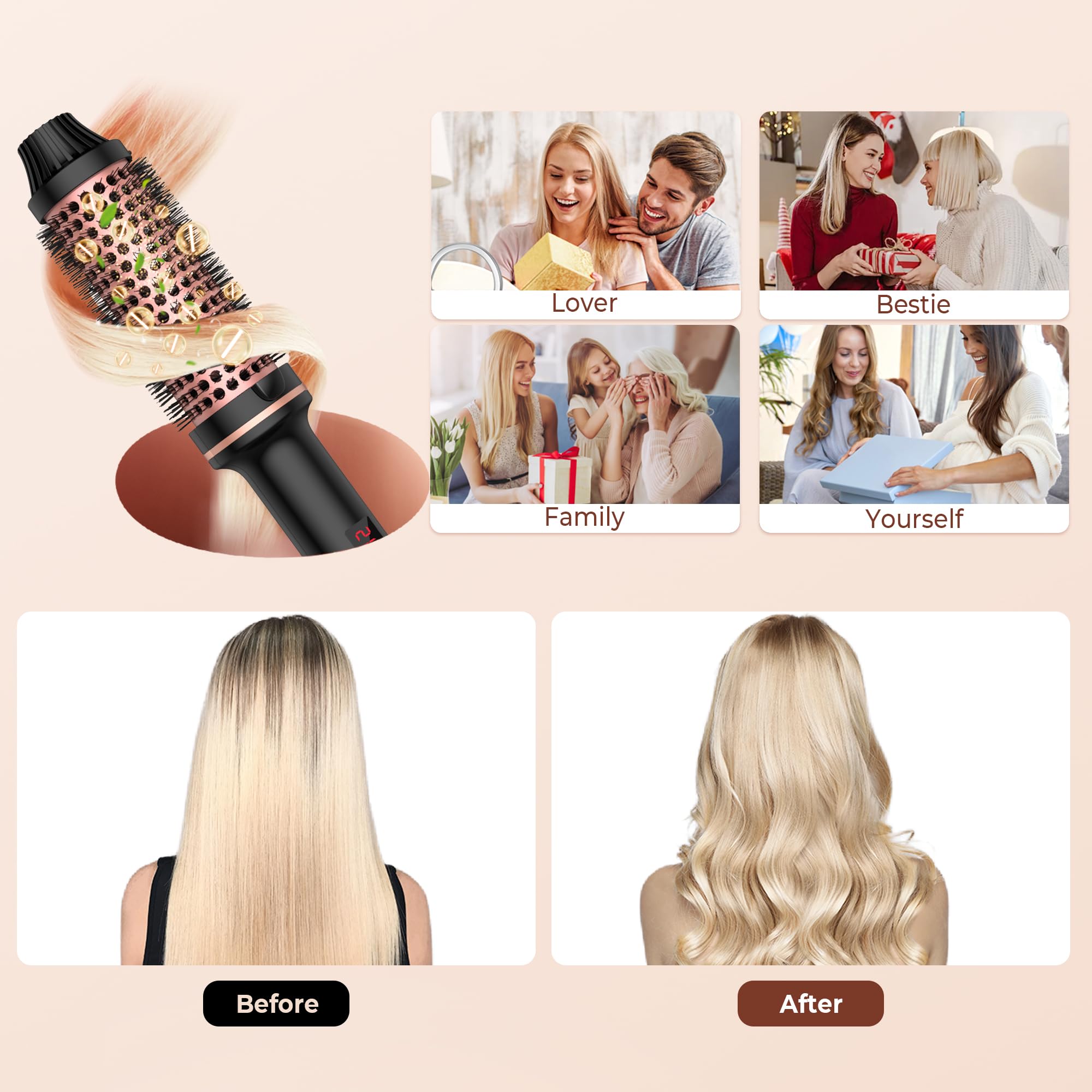 QSOOWIS anti-frizz smoothing via ions and ceramic barrel during brushing